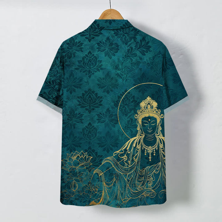 Buddha Stones Vintage Botanical Lotus Figure Pattern Buttons Wrinkle-resistant Men's Short Sleeve Shirt - image 6