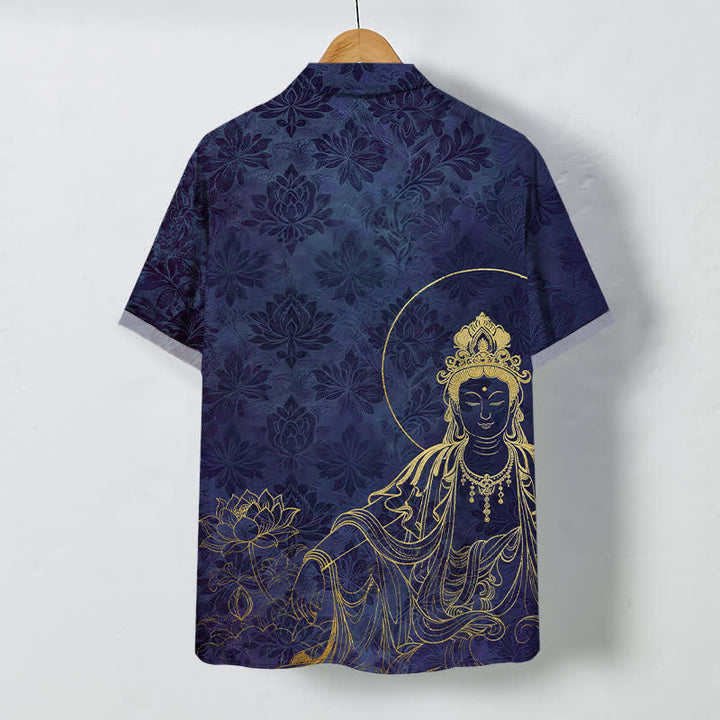 Buddha Stones Vintage Botanical Lotus Figure Pattern Buttons Wrinkle-resistant Men's Short Sleeve Shirt - image 8