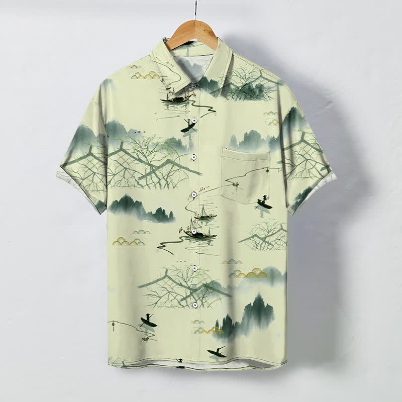 Buddha Stones Ink Landscape Mountain Boat Pattern Buttons Breathable Men's Short Sleeve Shirt - Beige - US/UK/AU48，EU58 (4XL) - image 5