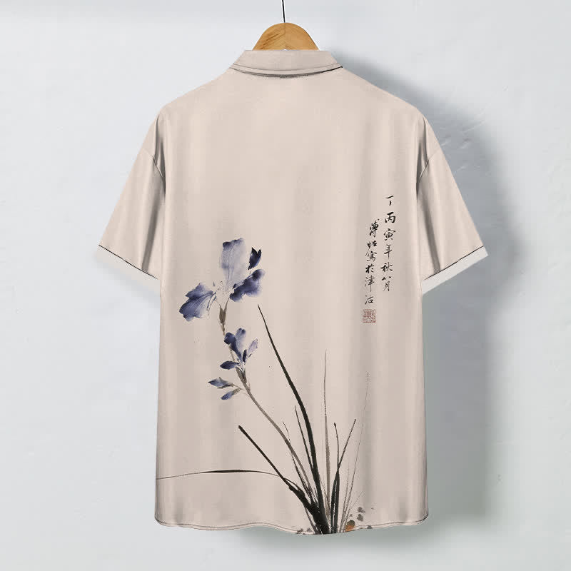 Buddha Stones Ink Floral Calligraphy Seal Pattern Buttons Breathable Men's Short Sleeve Shirt - image 8