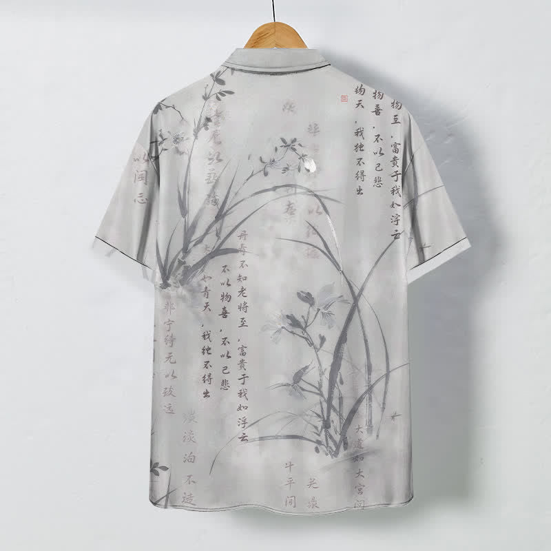 Buddha Stones Ink Bamboo Calligraphy Pattern Buttons Breathable Men's Short Sleeve Shirt - image 6