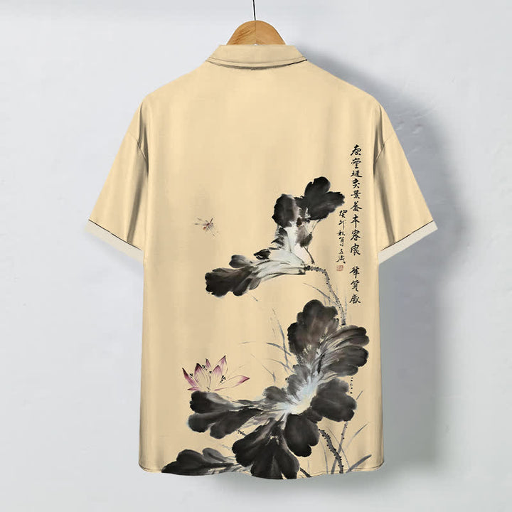 Buddha Stones Ink Floral Calligraphy Pattern Buttons Breathable Men's Short Sleeve Shirt - image 6