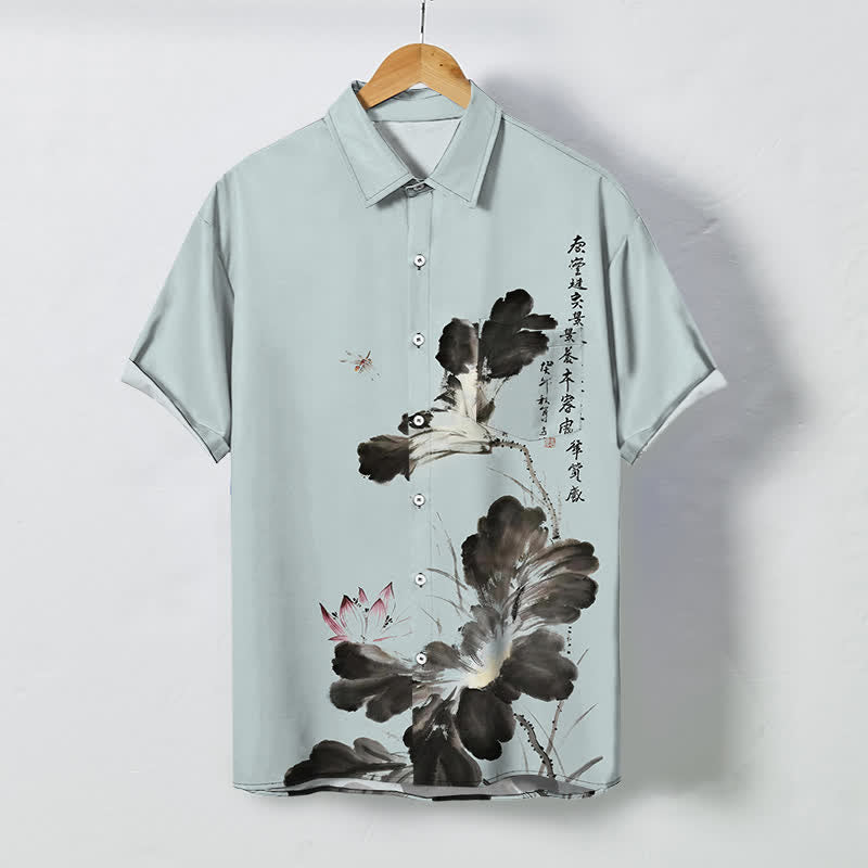 Buddha Stones Ink Floral Calligraphy Pattern Buttons Breathable Men's Short Sleeve Shirt - LightBlue - US/UK/AU48，EU58 (4XL) - image 7