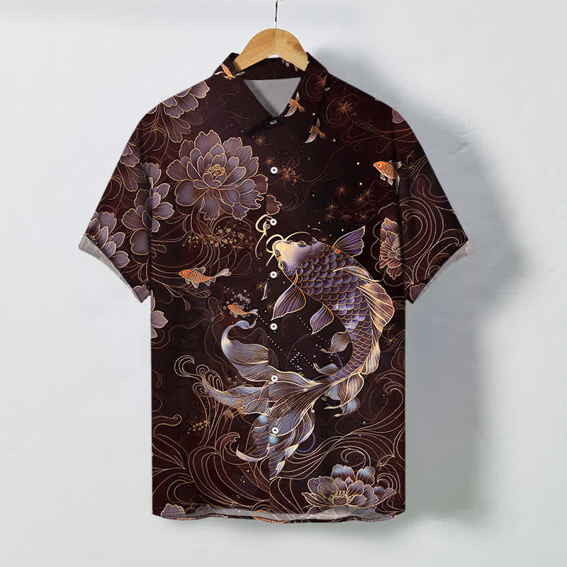 Buddha Stones Blue Koi Lotus Pattern Buttons Breathable Men's Short Sleeve Shirt - Maroon - US/UK/AU48，EU58 (4XL) - image 7