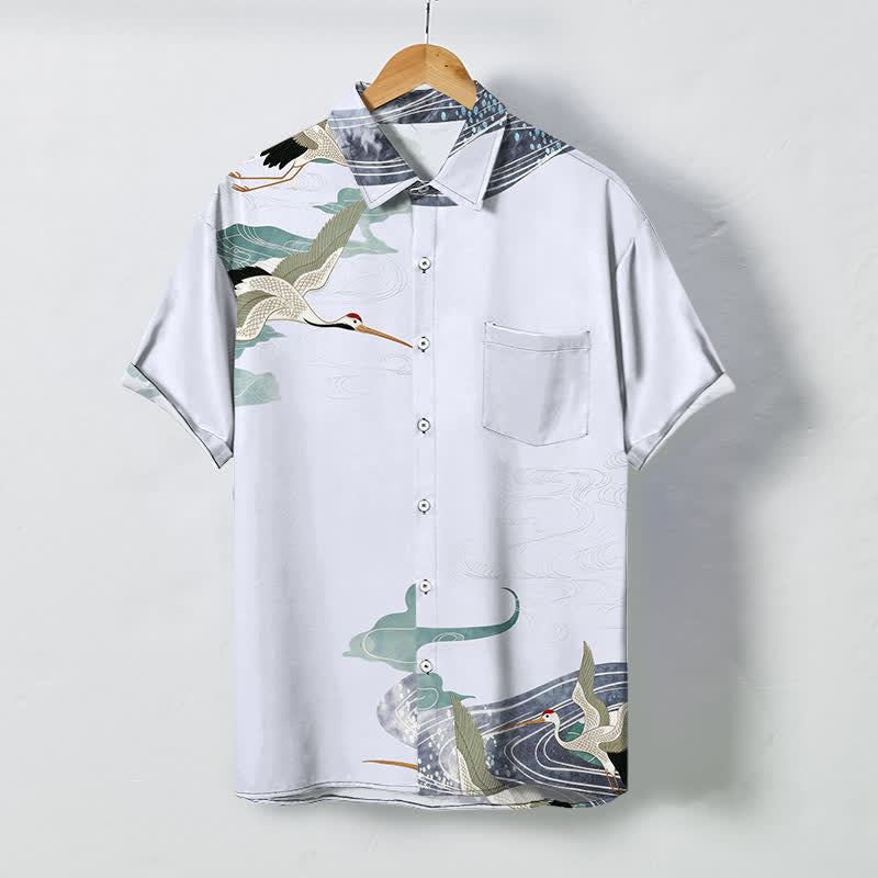 Buddha Stones Crane Wave Cloud Pattern Buttons Breathable Men's Short Sleeve Shirt - LightSteelBlue - US/UK/AU48，EU58 (4XL) - image 7