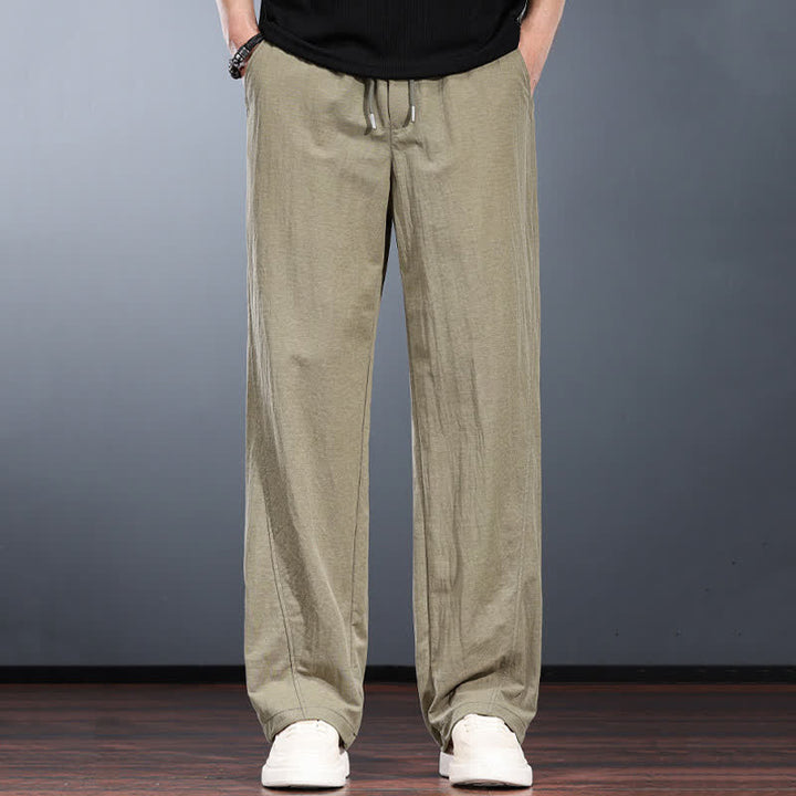 Buddha Stones Spring Summer Casual Minimalist Drawstring Elastic Waist Solid Long Pants Men's Straight Leg Pants With Pockets - Tan - US/UK/AU44，EU54 (4XL) - image 0