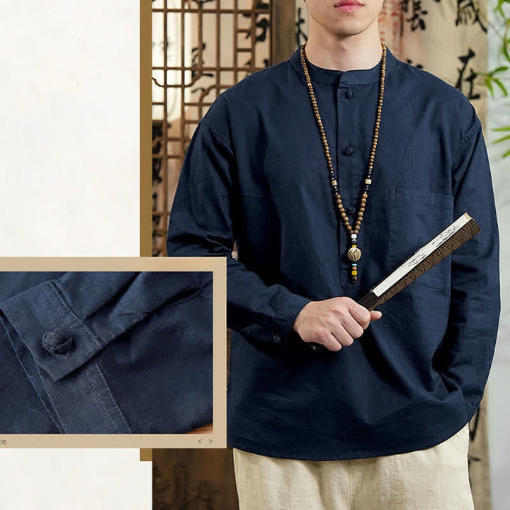 Buddha Stones Spring Tang Style Minimalist Mandarin Collar Solid Linen Cotton Men's Long Sleeve Shirts With Patch Pocket - image 4