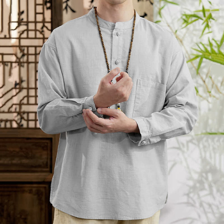 Buddha Stones Spring Tang Style Minimalist Mandarin Collar Solid Linen Cotton Men's Long Sleeve Shirts With Patch Pocket - image 16