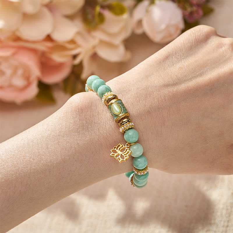 Buddha Stones Amazonite Enamel Barrel Bead Lotus Pendant Love Hand Polished Round Bead Bracelet - image 4