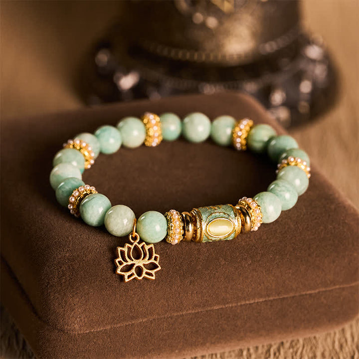 Buddha Stones Amazonite Enamel Barrel Bead Lotus Pendant Love Hand Polished Round Bead Bracelet - image 2