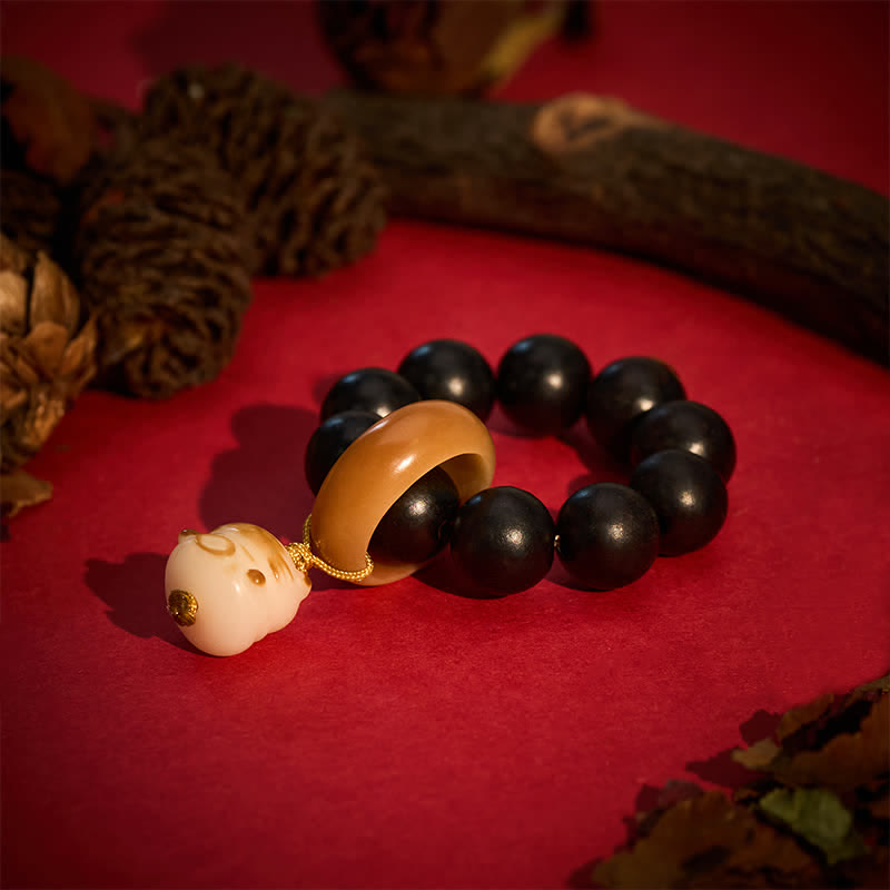 Buddha Stones Ebony Wood Charcoal-Grilled Cat & Bear Balance Tactile Meditation Beads Decorations - image 2