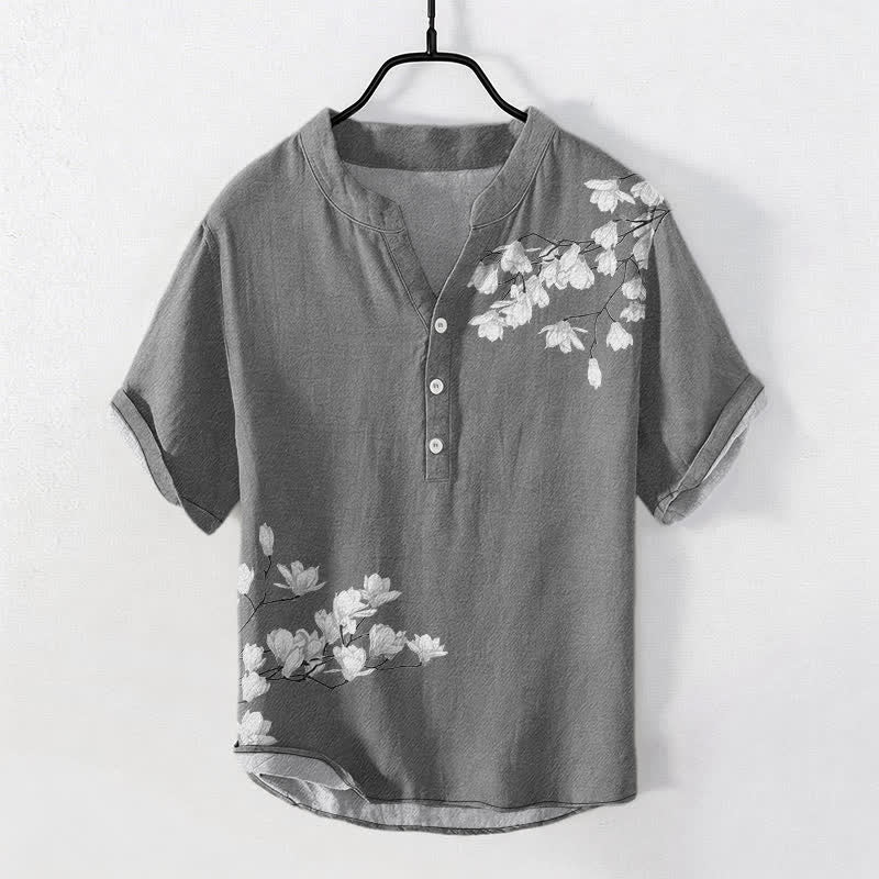 Buddha Stones Cotton White Floral Branch Pattern Men's Short Sleeve Half Button Shirt - Gray - US/UK/AU50，EU60 (5XL) - image 0