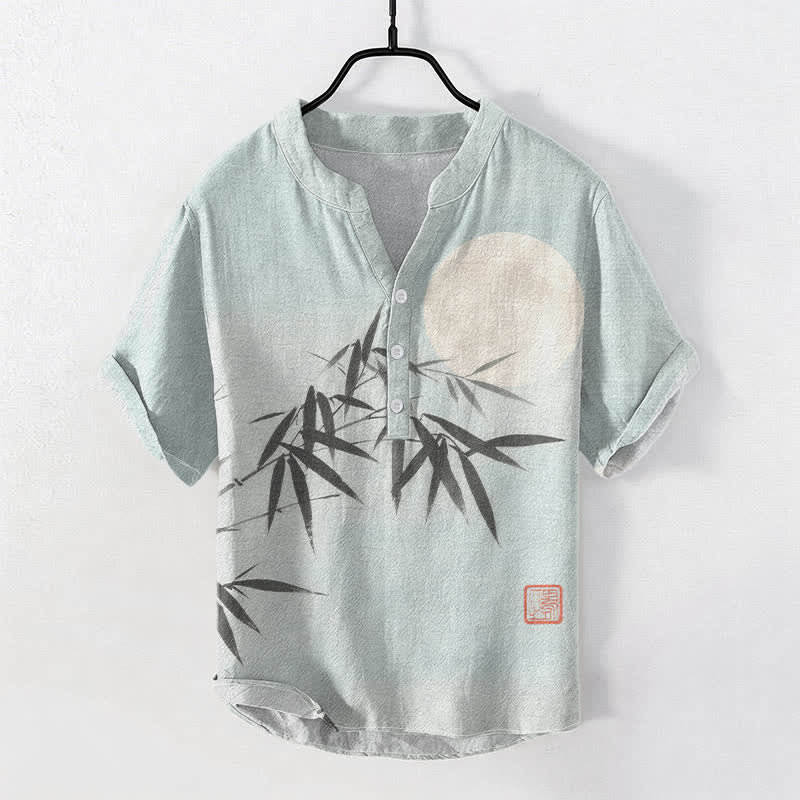 Buddha Stones Cotton Bamboo Leaf Ink Moon Pattern Men's Short Sleeve Half Button Shirt - AliceBlue - US/UK/AU50，EU60 (5XL) - image 0