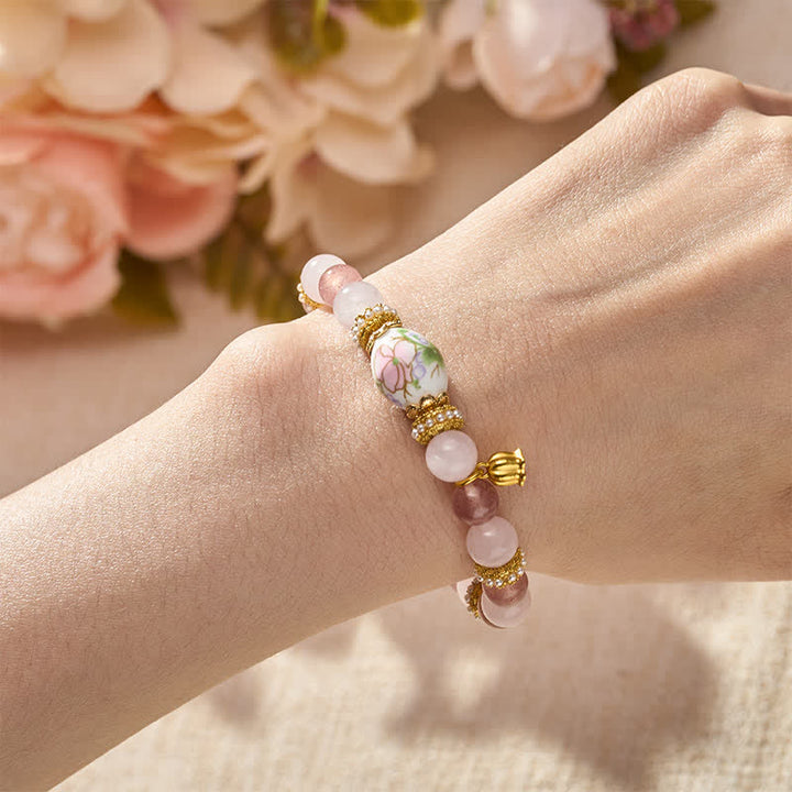 Buddha Stones Natural Strawberry Quartz Rose Quartz Ceramic Barrel Bead Lotus Pendant Clarity Round Bead Bracelet - image 2