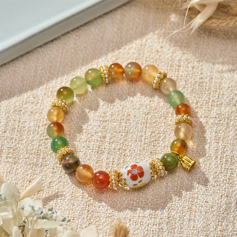 Buddha Stones Natural Peacock Agate Ceramic Barrel Bead Lotus Pendant Confidence Round Bead Bracele - image 2