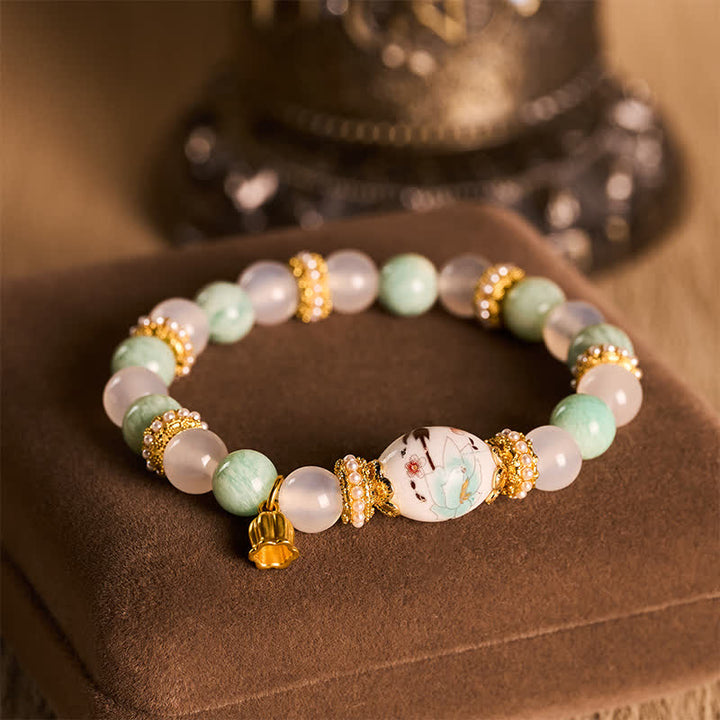 Buddha Stones White Agate Amazonite Ceramic Barrel Bead Flower Pendant Purity Round Bead Bracelet - image 2