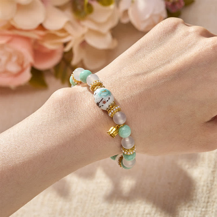 Buddha Stones White Agate Amazonite Ceramic Barrel Bead Flower Pendant Purity Round Bead Bracelet - image 4
