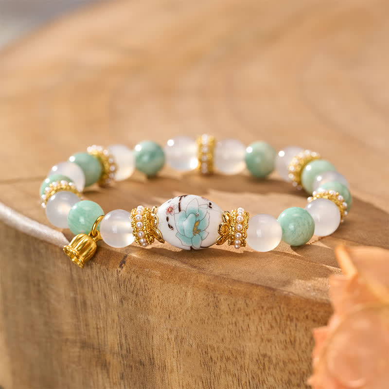 Buddha Stones White Agate Amazonite Ceramic Barrel Bead Flower Pendant Purity Round Bead Bracelet - image 3