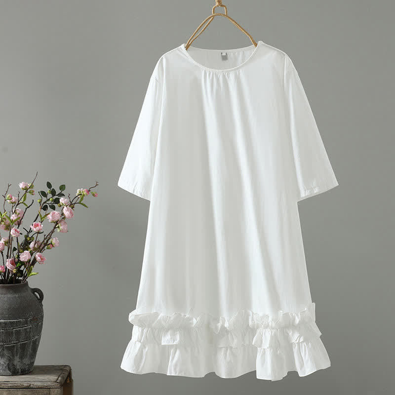 Buddha Stones Summer Casual Minimalist Solid Ruffle Hem Women's Short Sleeve Dress - White - US14, UK/AU18, EU46 (2XL) - image 6