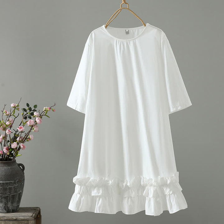 Buddha Stones Summer Casual Minimalist Solid Ruffle Hem Women's Short Sleeve Dress - White - US14, UK/AU18, EU46 (2XL) - image 6