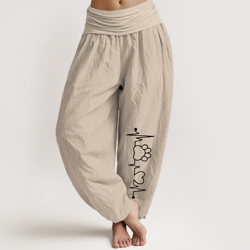 Buddha Stones Pure Cotton Heartbeat Paw Print Pattern Women's Elastic Waist Harem Pants - Tan - US16，UK/AU20，EU48 (3XL) - image 11
