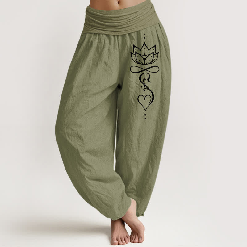 Buddha Stones Pure Cotton White Lotus Line Art Pattern Women's Elastic Waist Harem Pants - OliveDrab - US16，UK/AU20，EU48 (3XL) - image 14