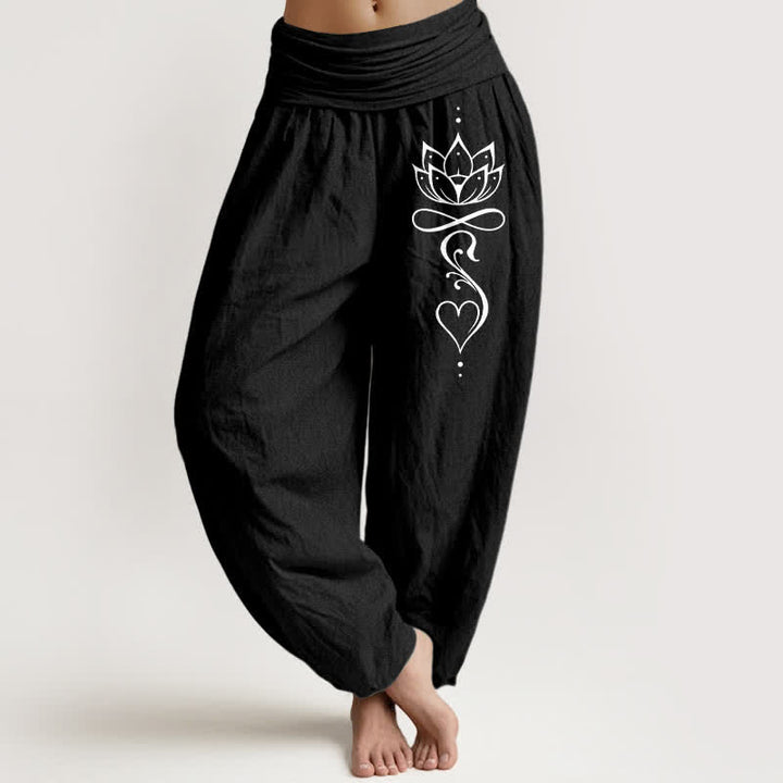 Buddha Stones Pure Cotton White Lotus Line Art Pattern Women's Elastic Waist Harem Pants - Black - US16，UK/AU20，EU48 (3XL) - image 5