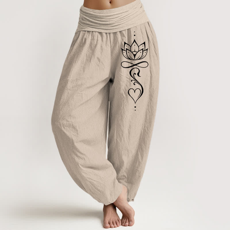 Buddha Stones Pure Cotton White Lotus Line Art Pattern Women's Elastic Waist Harem Pants - Tan - US16，UK/AU20，EU48 (3XL) - image 11
