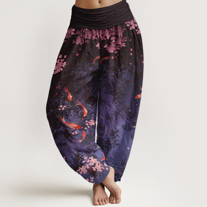 Buddha Stones Pure Cotton Koi Fish Sakura Pattern Women's Elastic Waist Pants With Pockets - Indigo - US16，UK/AU20，EU48 (3XL) - image 8