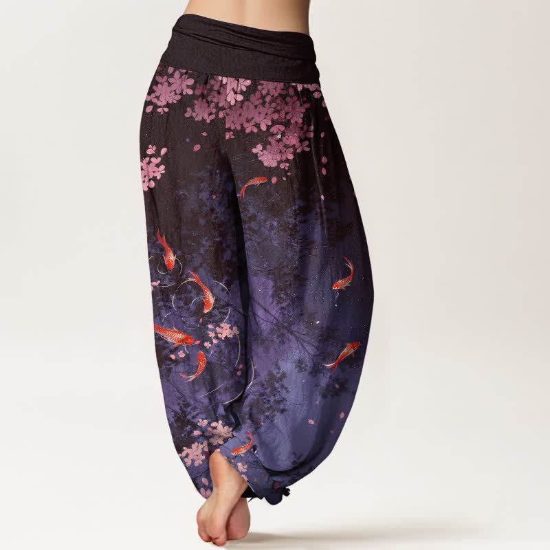 Buddha Stones Pure Cotton Koi Fish Sakura Pattern Women's Elastic Waist Pants With Pockets - image 10
