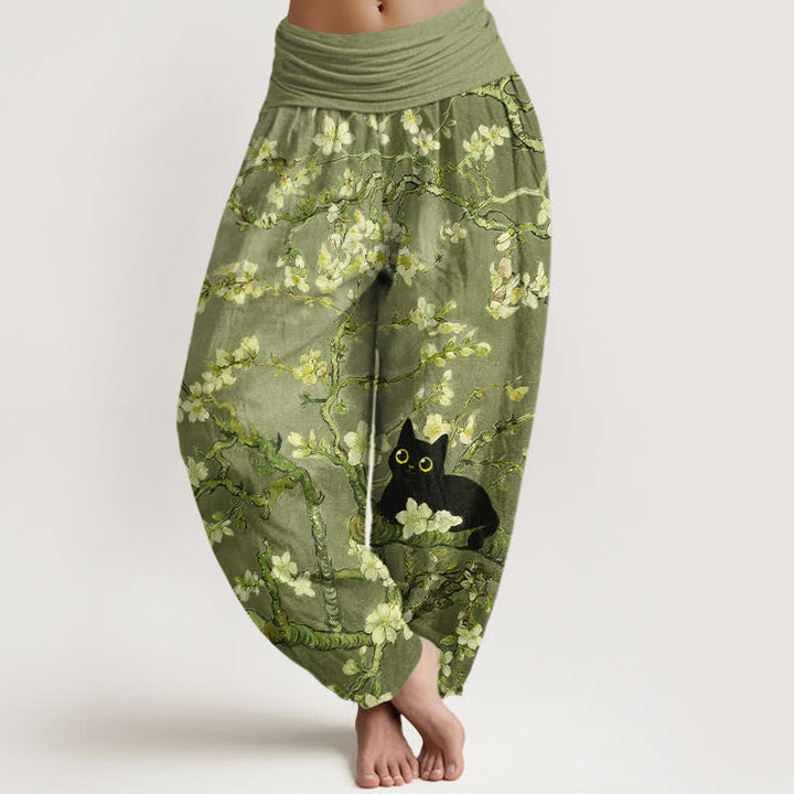 Buddha Stones Pure Cotton Botanical Blossom Cat Pattern Women's Elastic Waist Harem Pants - OliveDrab - US16，UK/AU20，EU48 (3XL) - image 8