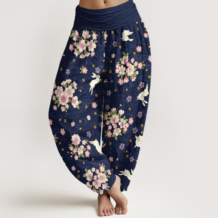 Buddha Stones Pure Cotton Floral Rabbit Pattern Women's Elastic Waist Harem Pants - MidnightBlue - US16，UK/AU20，EU48 (3XL) - image 0