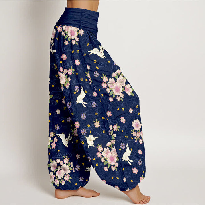 Buddha Stones Pure Cotton Floral Rabbit Pattern Women's Elastic Waist Harem Pants - image 1