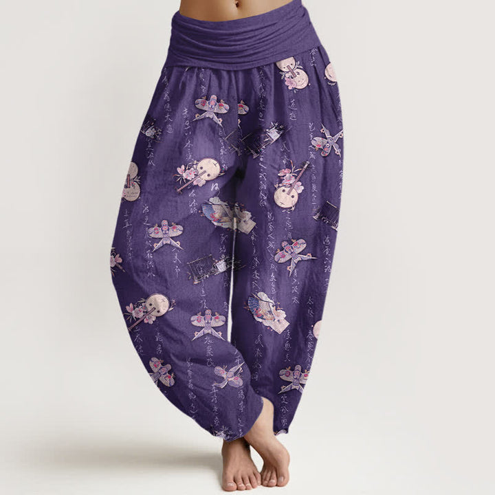 Buddha Stones Pure Cotton Kite Musical Instrument Calligraphy Pattern Women's Elastic Waist Harem Pants - Indigo - US16，UK/AU20，EU48 (3XL) - image 5