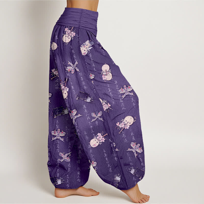 Buddha Stones Pure Cotton Kite Musical Instrument Calligraphy Pattern Women's Elastic Waist Harem Pants - image 6