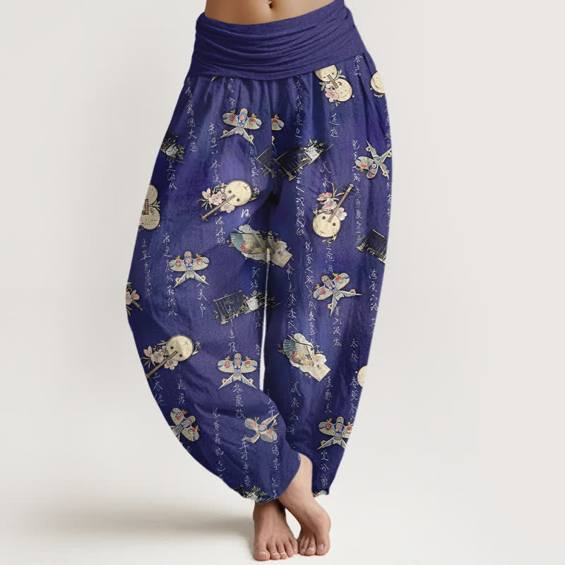 Buddha Stones Pure Cotton Kite Musical Instrument Calligraphy Pattern Women's Elastic Waist Harem Pants - DarkSlateBlue - US16，UK/AU20，EU48 (3XL) - image 8