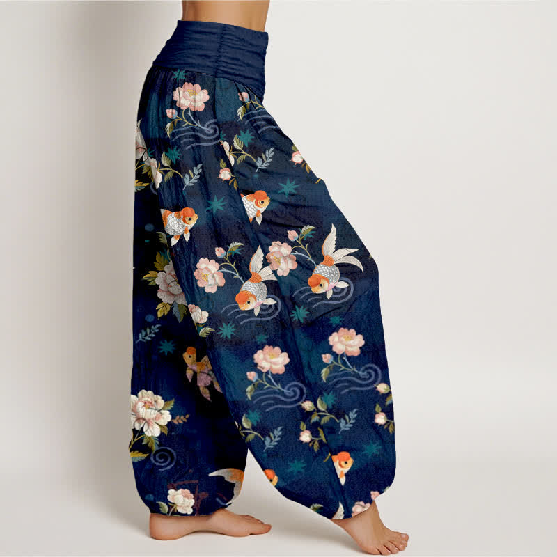 Buddha Stones Pure Cotton Koi Fish Floral Pattern Women's Elastic Waist Harem Pants - image 1