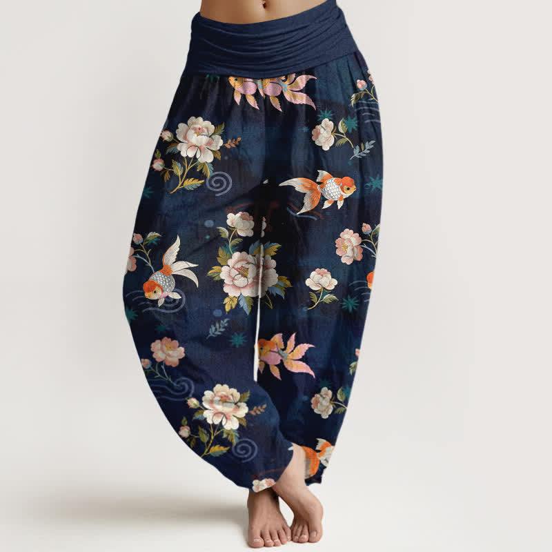 Buddha Stones Pure Cotton Koi Fish Floral Pattern Women's Elastic Waist Harem Pants - MidnightBlue - US16，UK/AU20，EU48 (3XL) - image 0