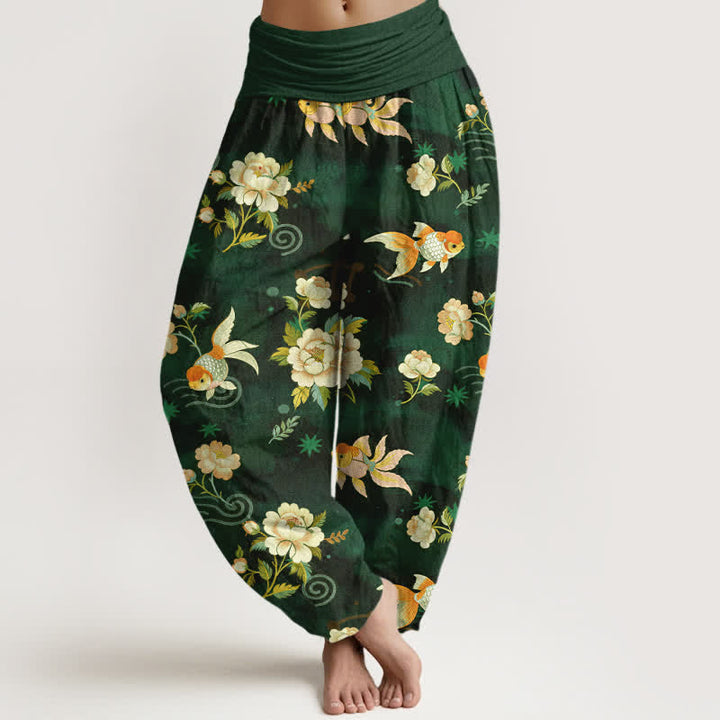 Buddha Stones Pure Cotton Koi Fish Floral Pattern Women's Elastic Waist Harem Pants - DarkGreen - US16，UK/AU20，EU48 (3XL) - image 5