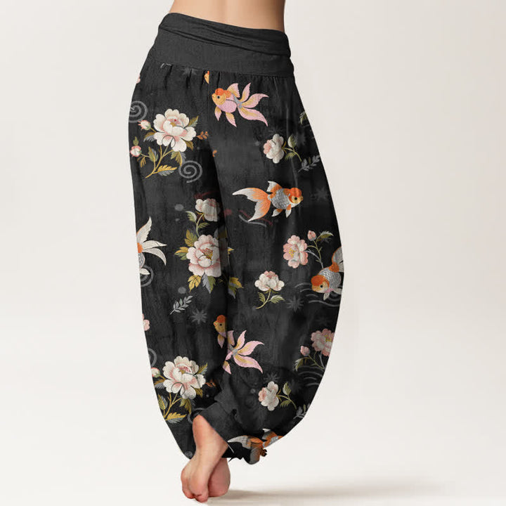 Buddha Stones Pure Cotton Koi Fish Floral Pattern Women's Elastic Waist Harem Pants - image 10