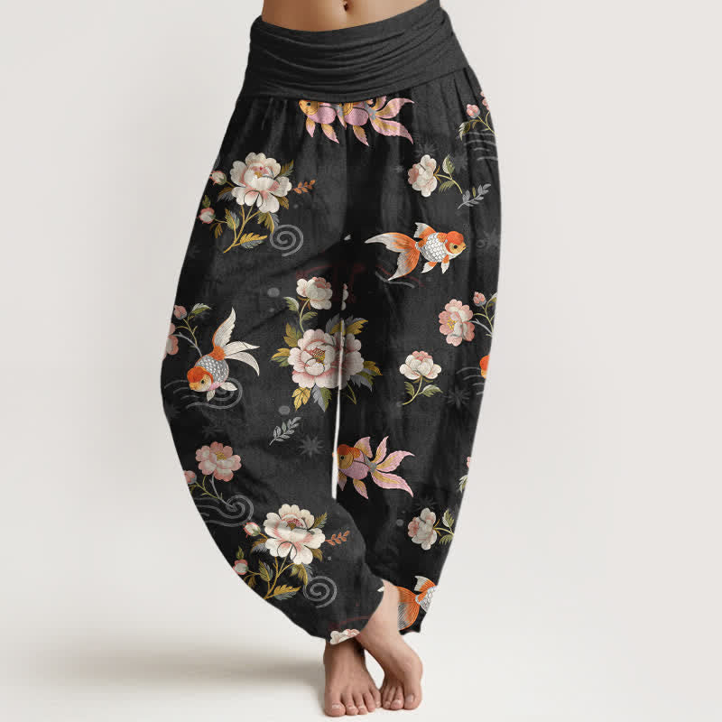 Buddha Stones Pure Cotton Koi Fish Floral Pattern Women's Elastic Waist Harem Pants - Black - US16，UK/AU20，EU48 (3XL) - image 8