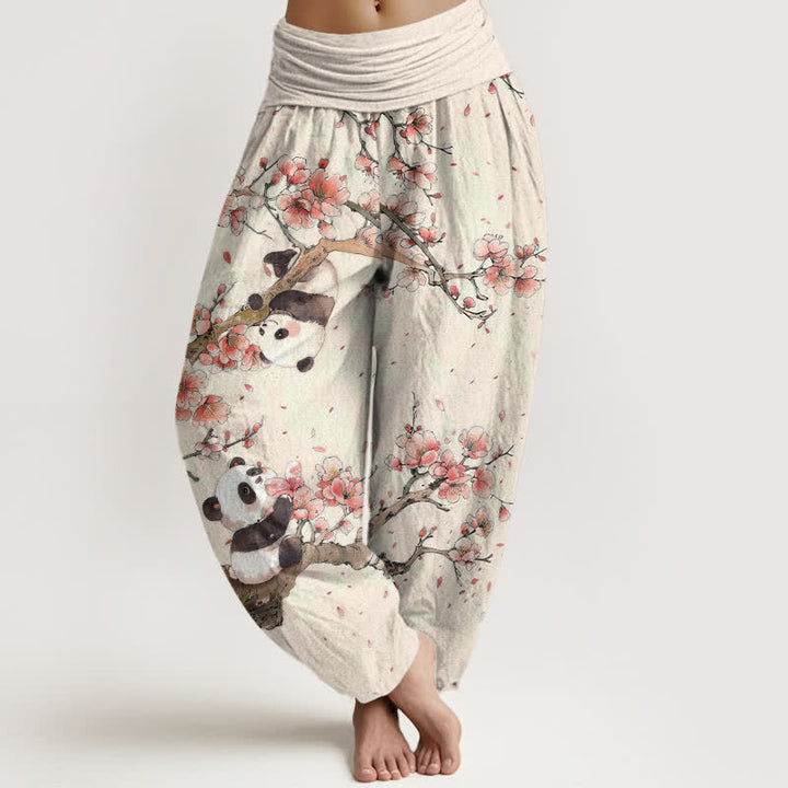 Buddha Stones Pure Cotton Panda Cherry Blossom Pattern Women's Elastic Waist Harem Pants - Linen - US16，UK/AU20，EU48 (3XL) - image 0