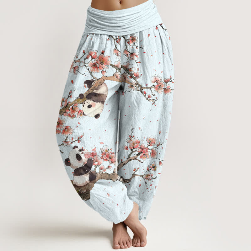 Buddha Stones Pure Cotton Panda Cherry Blossom Pattern Women's Elastic Waist Harem Pants - AliceBlue - US16，UK/AU20，EU48 (3XL) - image 5