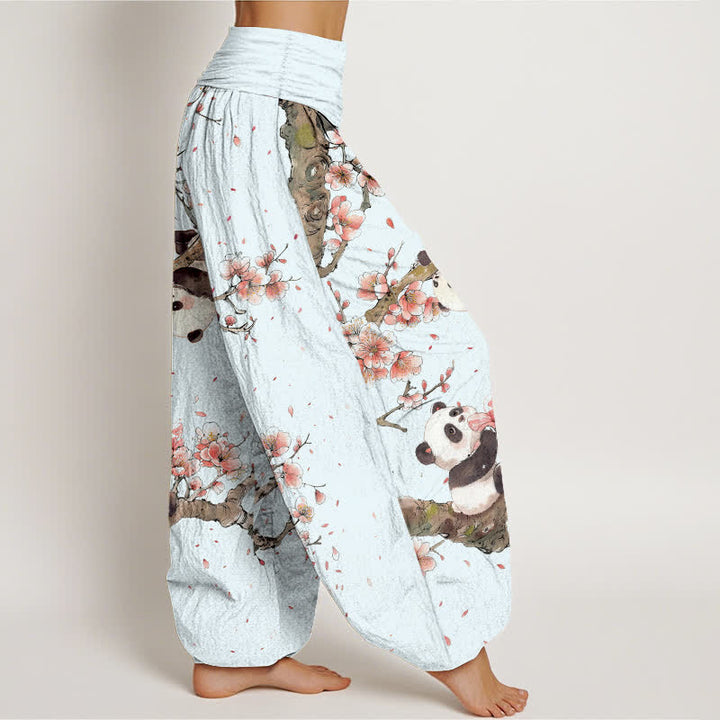 Buddha Stones Pure Cotton Panda Cherry Blossom Pattern Women's Elastic Waist Harem Pants - image 6