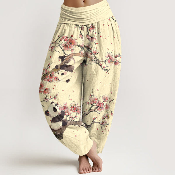 Buddha Stones Pure Cotton Panda Cherry Blossom Pattern Women's Elastic Waist Harem Pants - LemonChiffon - US16，UK/AU20，EU48 (3XL) - image 8