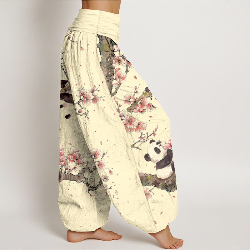 Buddha Stones Pure Cotton Panda Cherry Blossom Pattern Women's Elastic Waist Harem Pants - image 9