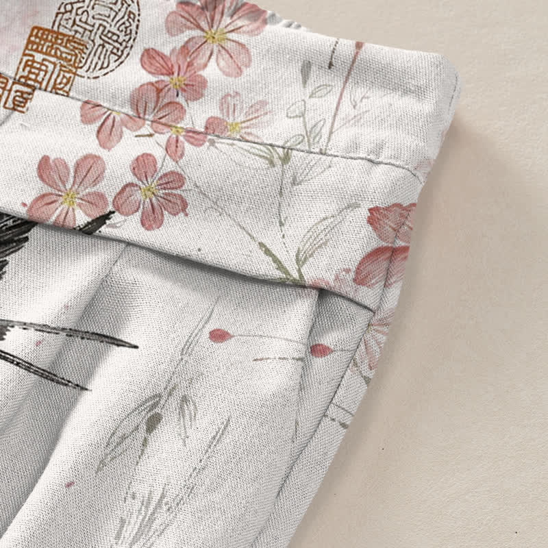 Buddha Stones Cotton Linen Floral Bird Pattern Women's Elastic Waist Wide Leg Pants With Pockets - image 3
