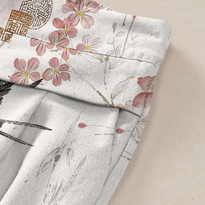 Buddha Stones Cotton Linen Floral Bird Pattern Women's Elastic Waist Wide Leg Pants With Pockets - image 3