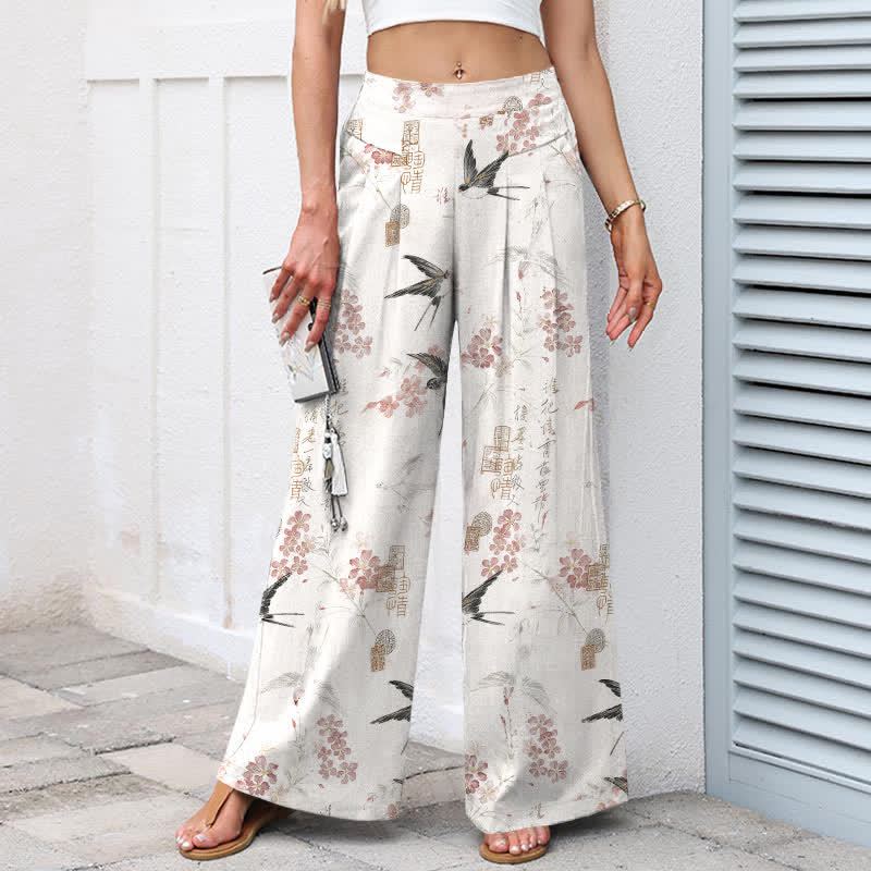 Buddha Stones Cotton Linen Floral Bird Pattern Women's Elastic Waist Wide Leg Pants With Pockets - image 1