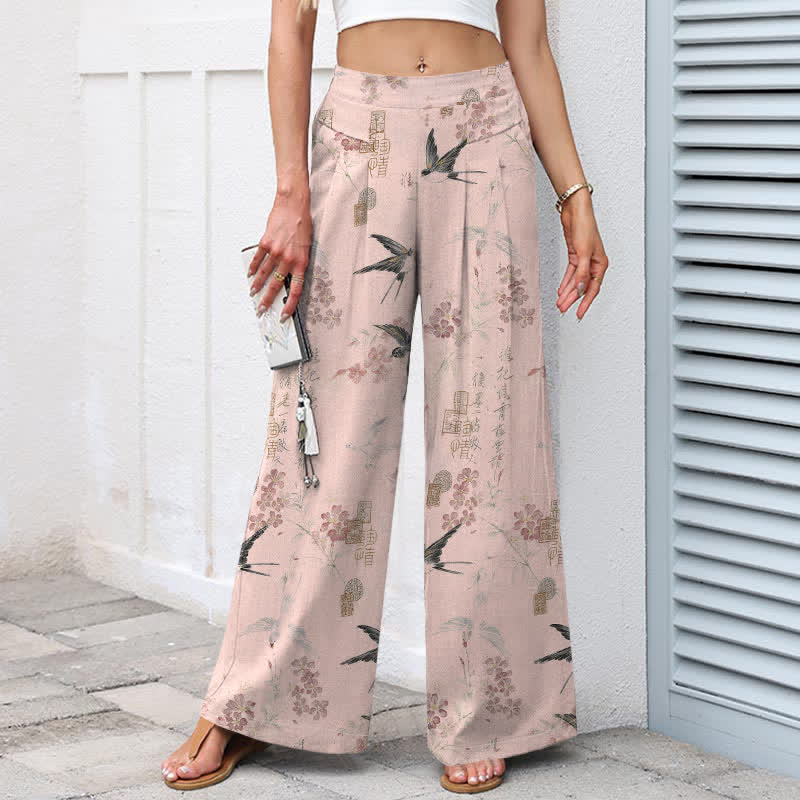 Buddha Stones Cotton Linen Floral Bird Pattern Women's Elastic Waist Wide Leg Pants With Pockets - image 6